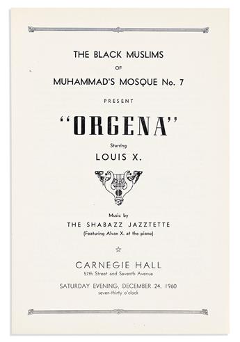 (ENTERTAINMENT--THEATER.) Pair of programs for a Carnegie Hall performance of Louis Farrakhans Orgena.